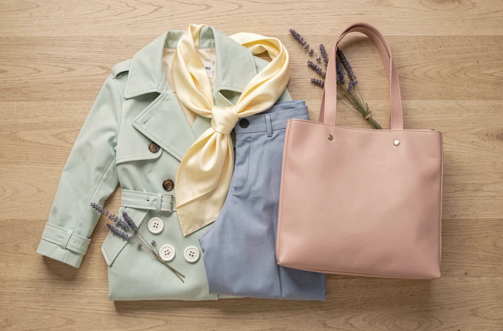 Flat lay de vêtements et accessoires de mode en couleurs pastel sur une surface en bois clair