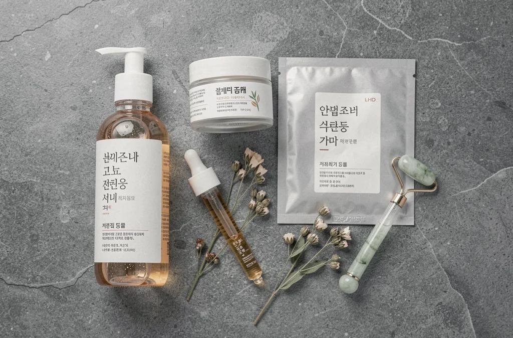 Flat-lay de produits de soin visage coréens disposés sur une surface en pierre grise, illustration du rituel de layering K-beauty