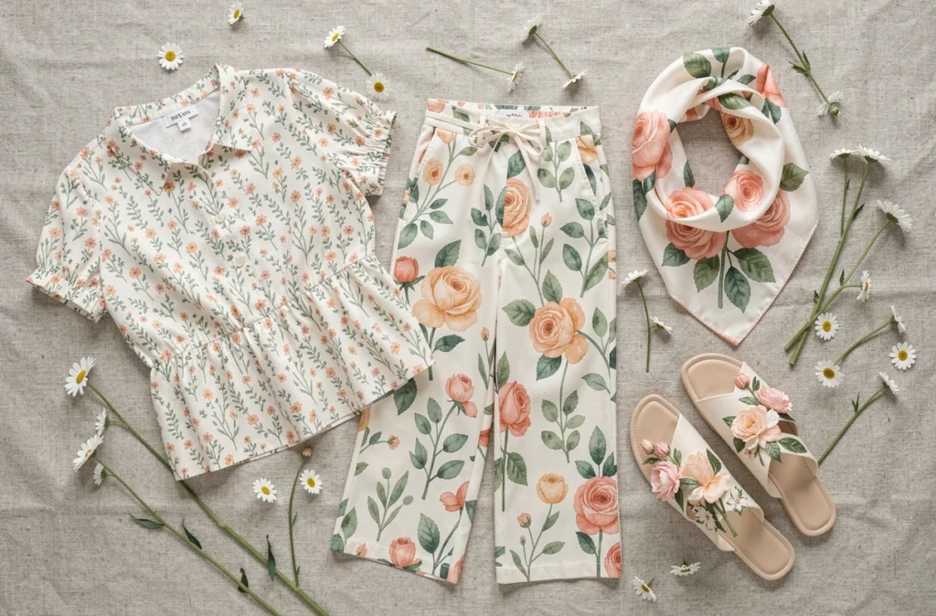 Flat lay de vêtements à motifs floraux pour la collection printemps-été sur fond de lin naturel