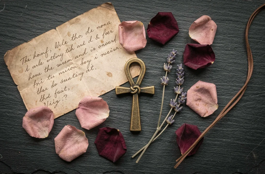 Composition flat-lay avec une amulette ankh en laiton ancien, pétales de rose séchés et note manuscrite, symbolisant l'amour et les relations