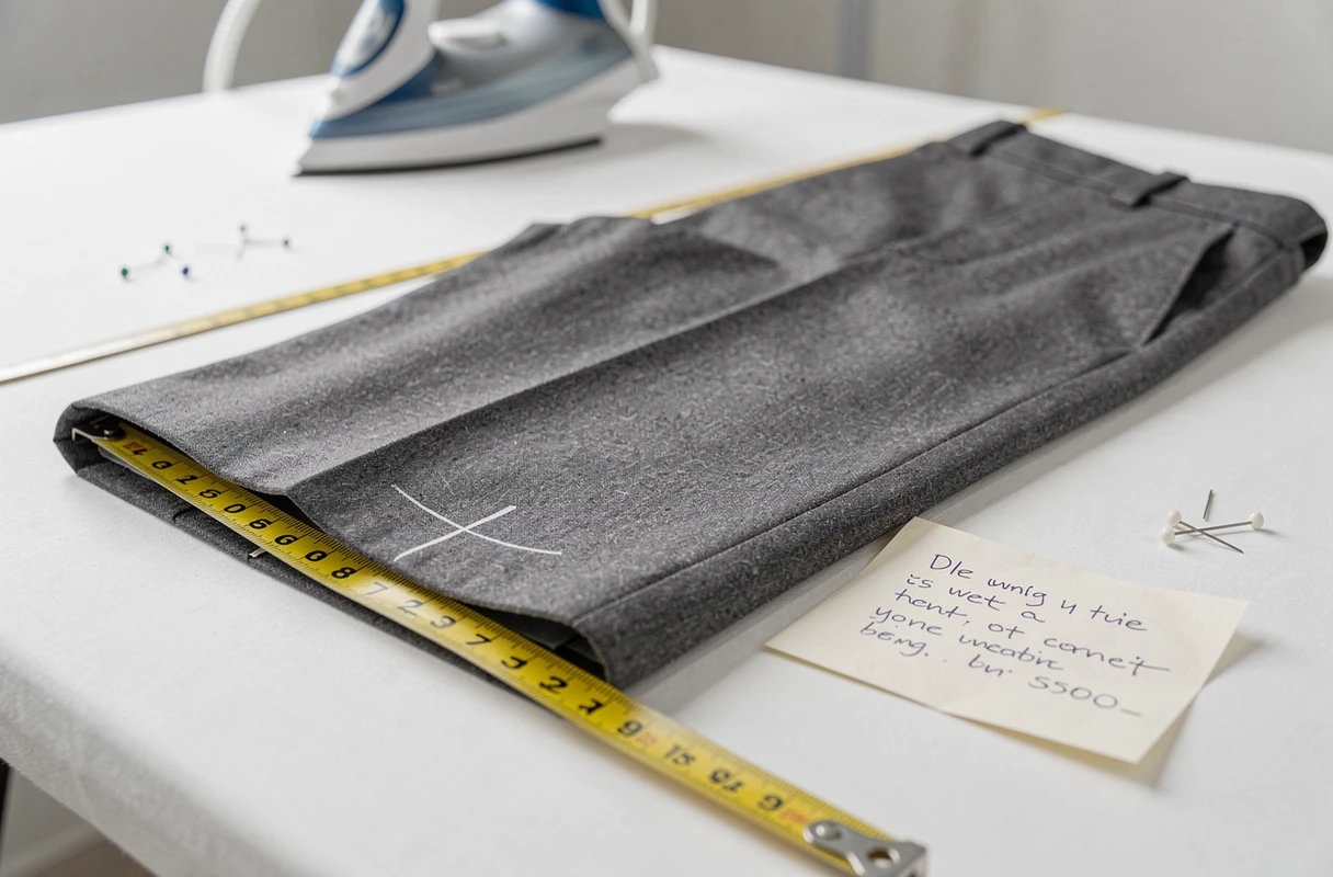 Gros plan sur un ourlet de pantalon en laine grise avec mètre ruban et devis manuscrit sur table de coupe
