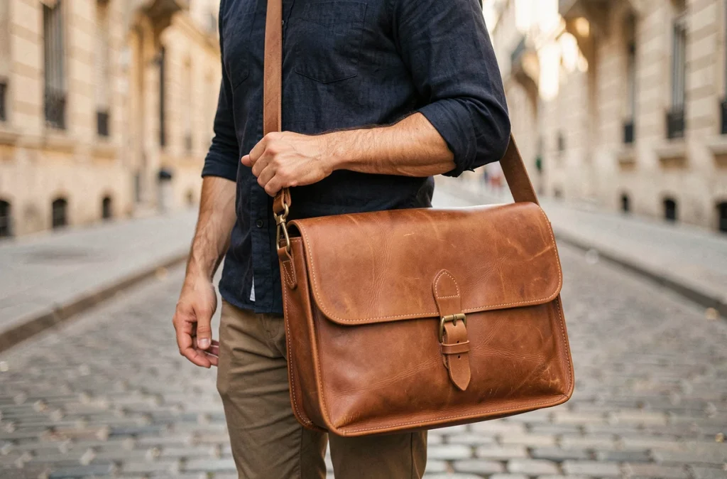 Homme élégant portant une besace en cuir pleine fleur cognac artisanale dans une rue pavée parisienne