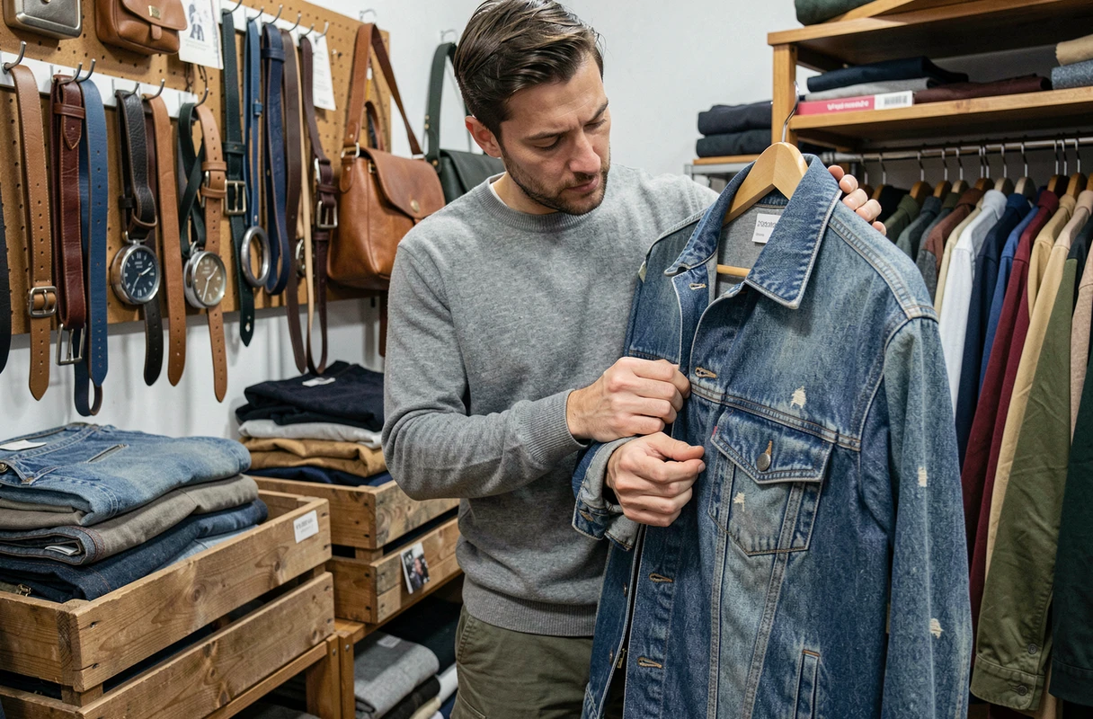 Homme inspectant la qualité d'une veste en jean vintage dans une friperie strasbourgeoise en vérifiant les coutures et les finitions