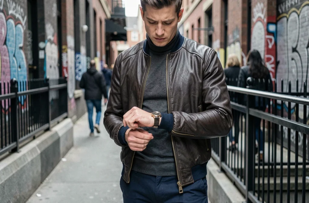 Homme en veste bomber ajustant une montre vintage dans une rue urbaine moderne