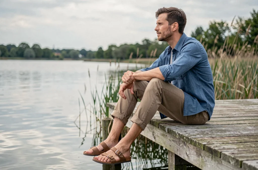 Homme assis sur un ponton en bois portant des sandales minimalistes bicolores, ambiance détendue au bord d'un lac