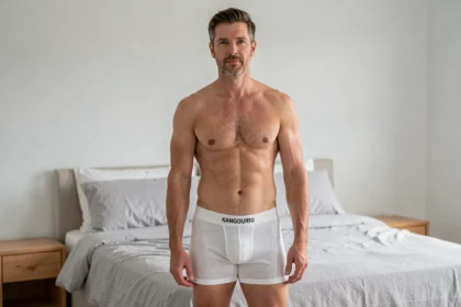 Homme portant un slip Kangourou blanc classique dans une chambre minimaliste, illustrant confort et qualité à petit prix
