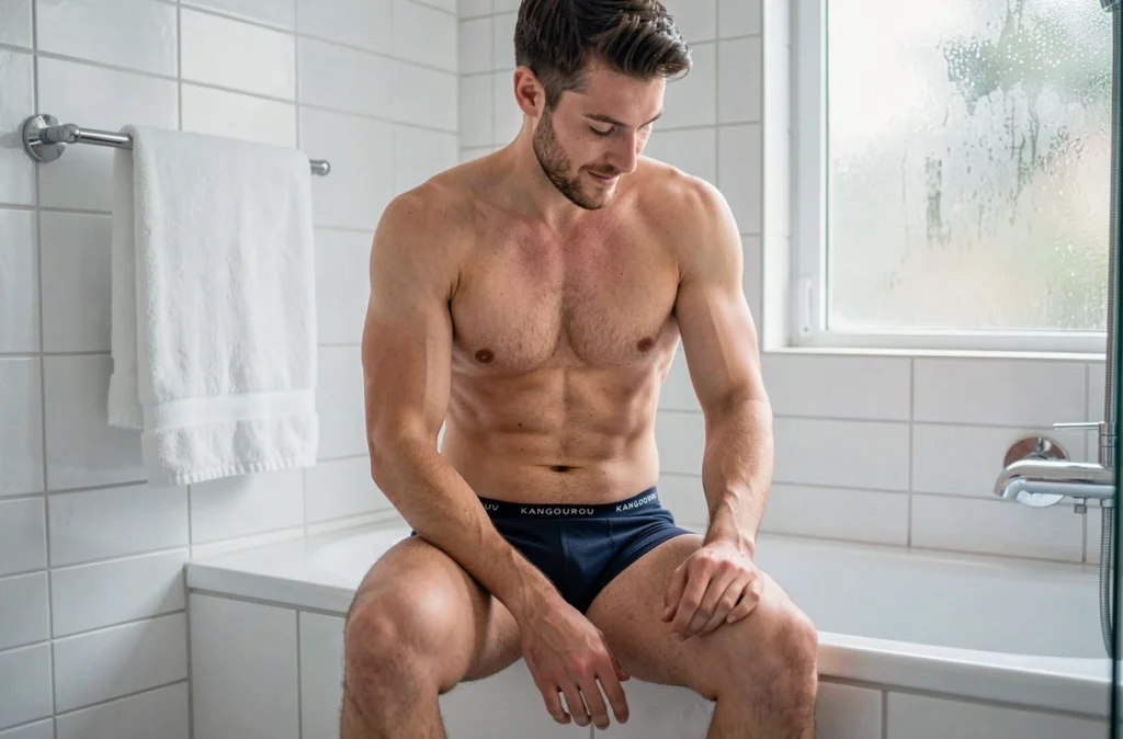 Homme en slip Kangourou marine assis sur le bord d'une baignoire dans une salle de bain moderne, confort quotidien et qualité abordable
