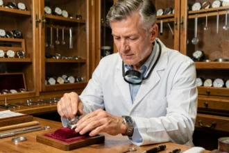 Horloger professionnel examinant une montre de luxe précieuse dans un atelier sécurisé pour évaluation et protection contre la contrefaçon