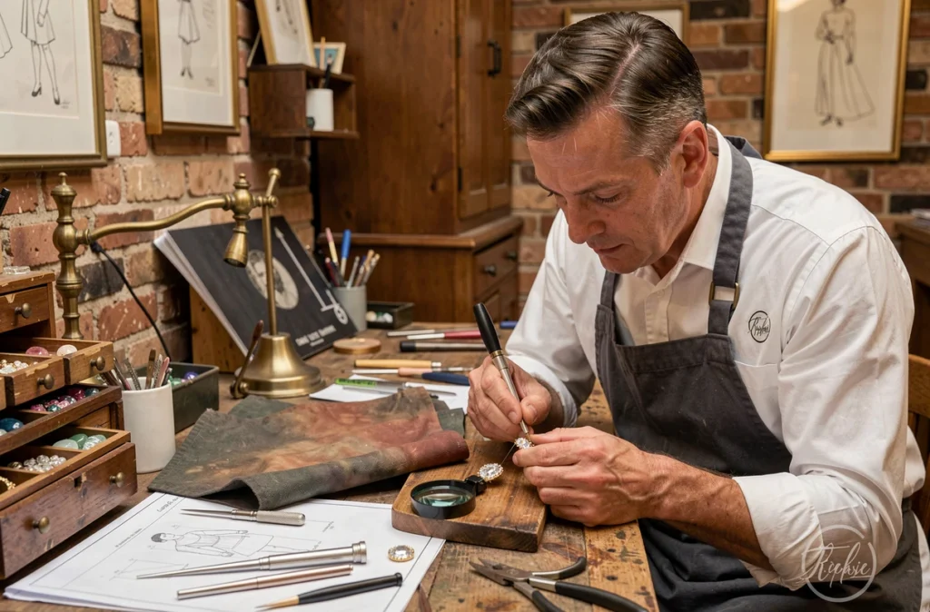 Maître joaillier réalisant une broche inspirée de la haute couture dans son atelier artisanal parisien en collaboration avec une maison de mode
