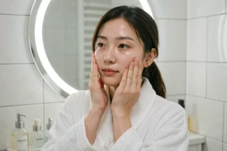 Femme coréenne appliquant une essence de soin visage dans une salle de bain minimaliste, illustrant le layering coréen