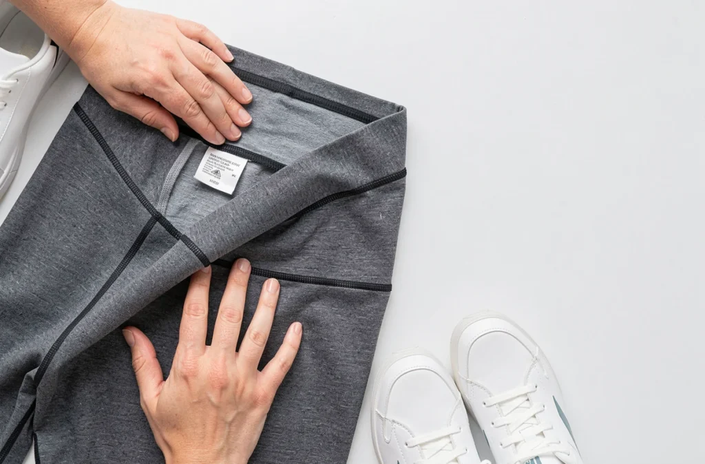 Gros plan sur la qualité du tissu et la couture d'un legging Léonie and Co posé à plat avec des baskets blanches