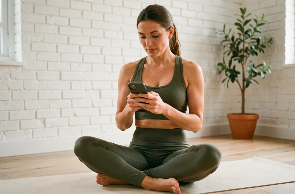 Femme assise en tailleur sur un tapis de yoga portant un legging vert olive Léonie and Co à la maison