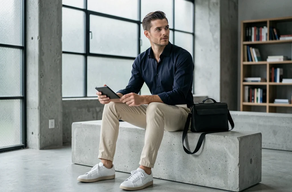 Homme assis en tenue moderne avec accessoires cuir minimalistes, look homme tendance 2026 en espace de travail contemporain