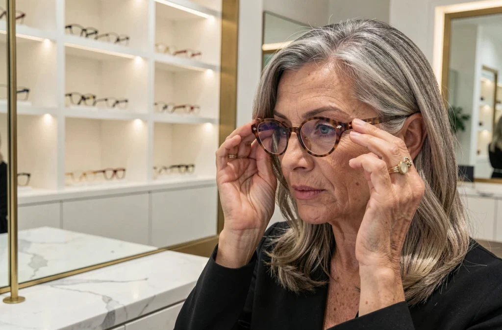 Femme aux cheveux argentés essayant des lunettes tendance cat-eye dans une boutique d'optique haut de gamme