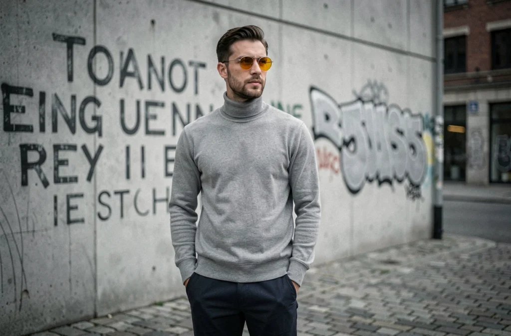 Homme stylé avec des lunettes rondes en métal à verres teintés ambre dans un décor urbain