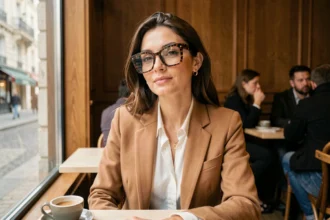 Femme élégante portant des lunettes tendance à monture écaille oversize dans un café parisien