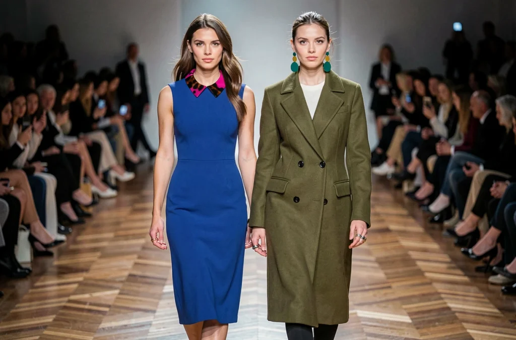 Deux mannequins sur un podium de fashion week arborant des bijoux colorés tendance, collier tortoise fuchsia et boucles d'oreilles teal et moutarde en défilé