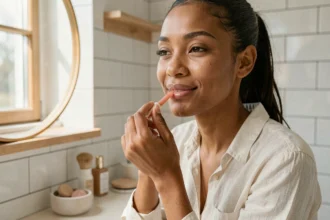 Femme à la peau mate appliquant un gloss nude devant son miroir dans une salle de bain minimaliste
