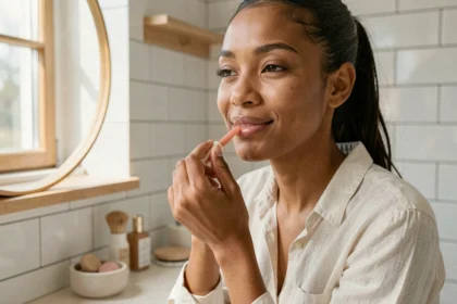 Femme à la peau mate appliquant un gloss nude devant son miroir dans une salle de bain minimaliste