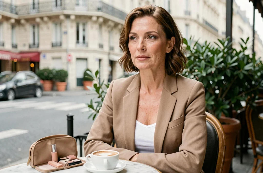 Femme à la peau claire avec un maquillage nude complet attablée à une terrasse de café parisien en été
