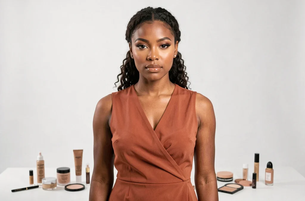 Femme à la peau foncée portant un maquillage nude adapté à sa carnation dans un studio épuré