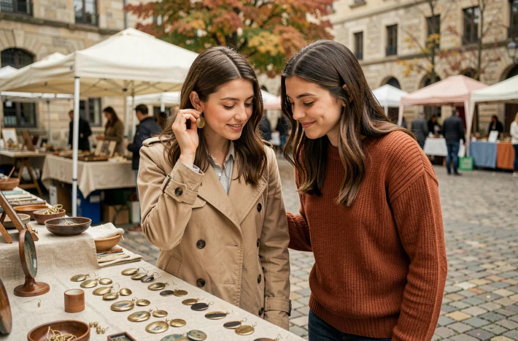Deux femmes découvrant des bijoux artisanaux en céramique et laiton sur un marché en plein air à Lyon