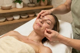 Femme recevant un massage facial dans un spa, mains de l'esthéticienne effectuant des mouvements circulaires sur les joues pour une peau éclatante