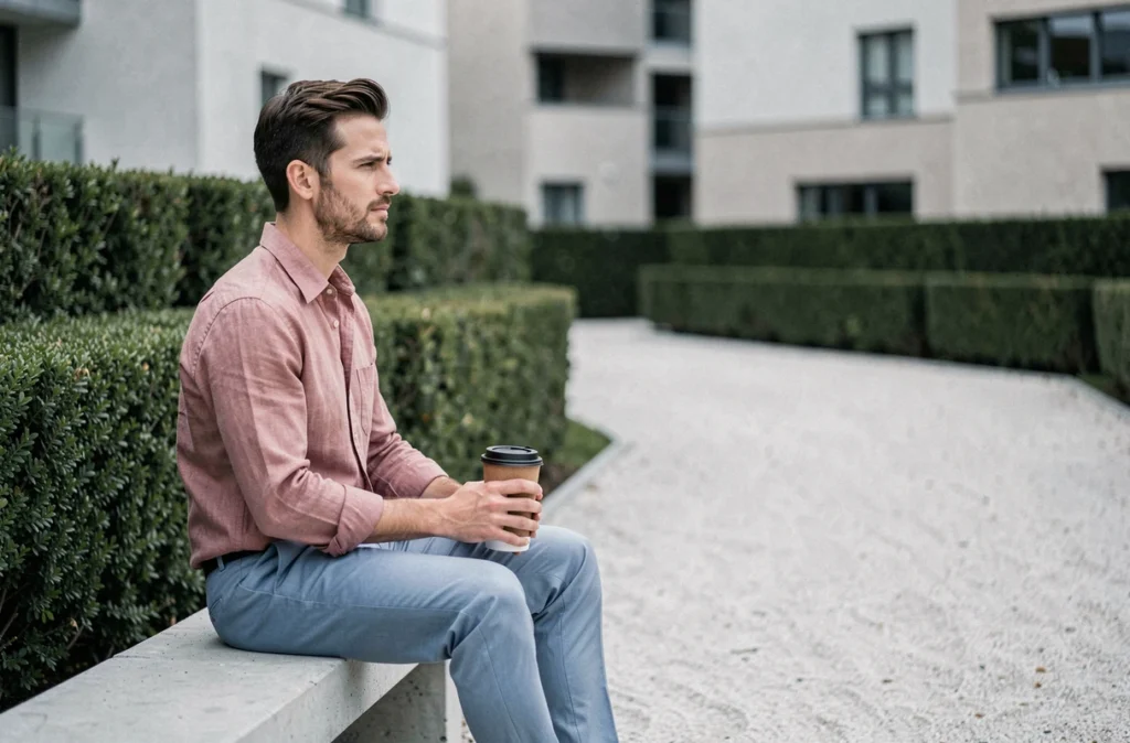 Homme en chemise rose pastel et pantalon bleu poudré assis dans un parc urbain minimaliste