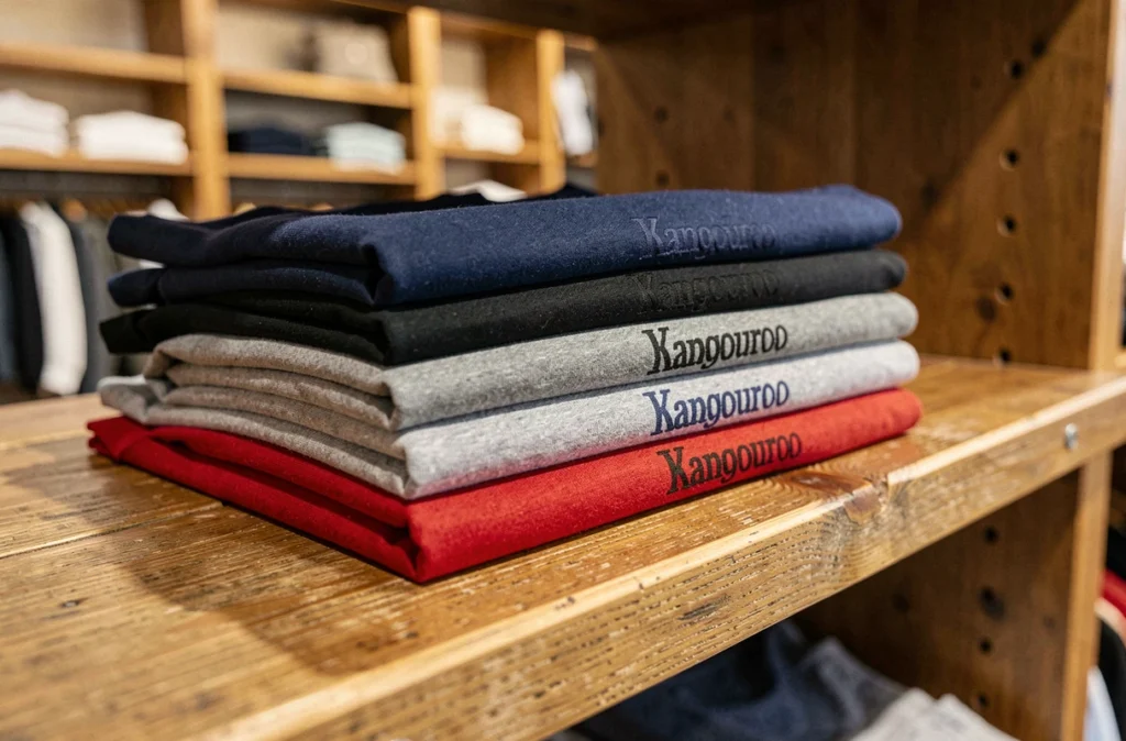 Pile de slips Kangourou colorés pliés sur une étagère en bois en magasin, variété de couleurs et rapport qualité-prix mis en avant