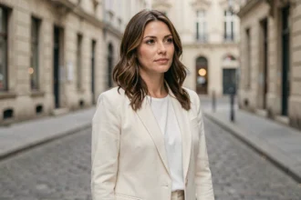 Portrait éditorial d'une femme élégante aux cheveux bruns ondulés portant un blazer crème dans une rue européenne pavée