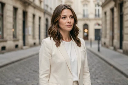 Portrait éditorial d'une femme élégante aux cheveux bruns ondulés portant un blazer crème dans une rue européenne pavée