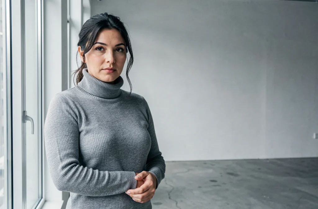 Femme en col roulé gris dans un studio minimaliste aux murs blancs et sol en béton brut, regard direct vers l'objectif
