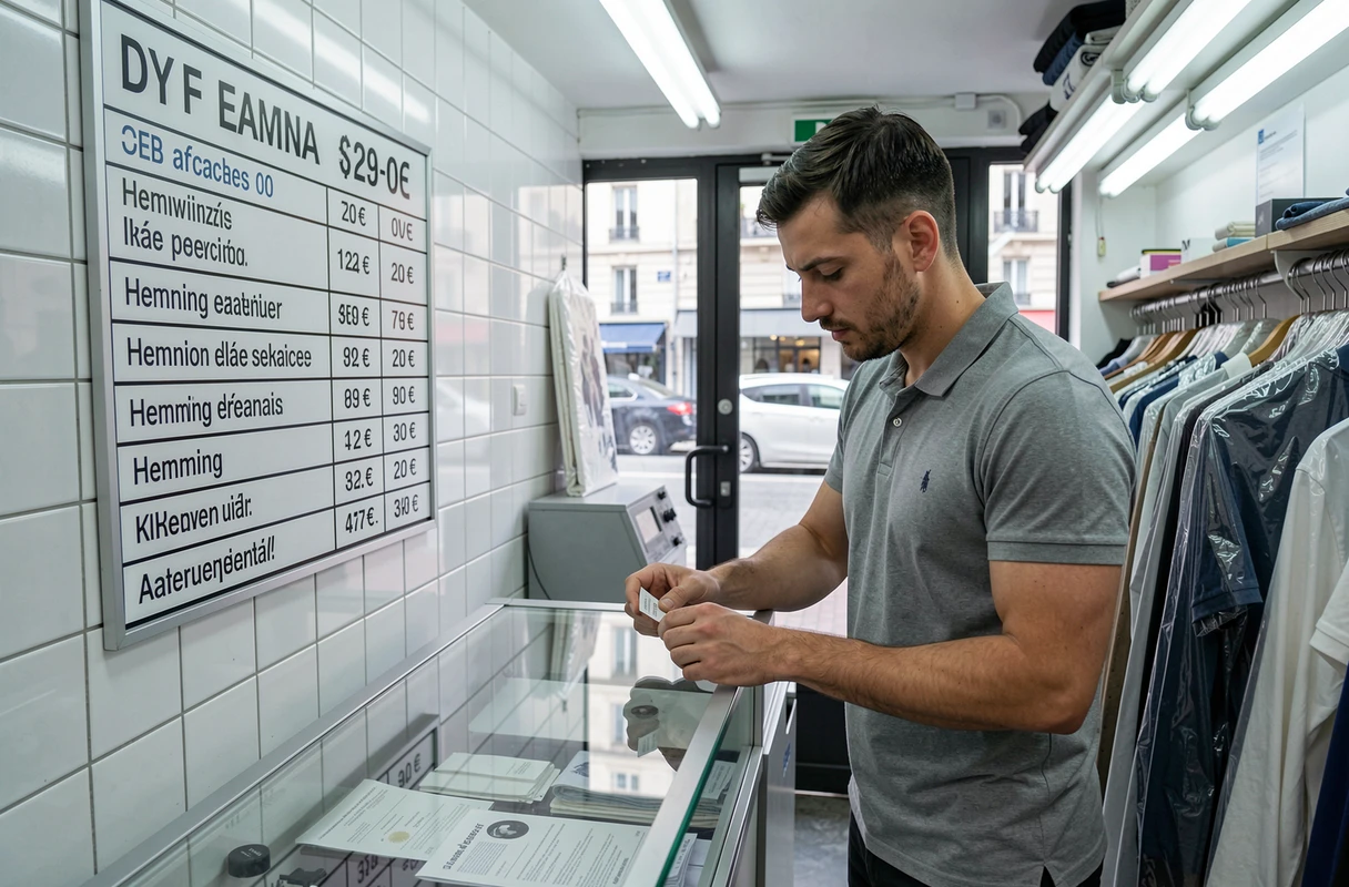 Employé d'un pressing urbain devant un tableau de prix pour les retouches d'ourlets de pantalon