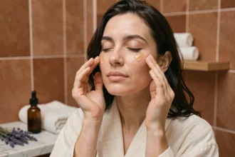 Femme appliquant une huile végétale dorée sur son visage lors d'un rituel de soin du soir dans une salle de bain minimaliste aux carreaux terracotta