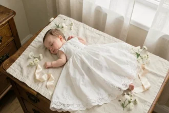 Robe de baptême blanche en coton biologique avec dentelle fine pour bébé fille allongée sur un drap en lin crème