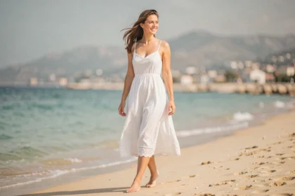 Femme en robe fluide blanche en lin marchant pieds nus sur la plage en été