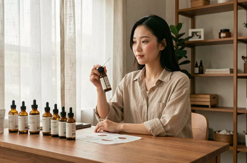 Jeune femme asiatique examinant ses produits de soin coréens disposés sur une coiffeuse en bois, routine de layering beauté