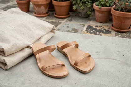 Paire de sandales minimalistes en cuir naturel posée sur du béton avec un sac en lin, style minimaliste tendance été