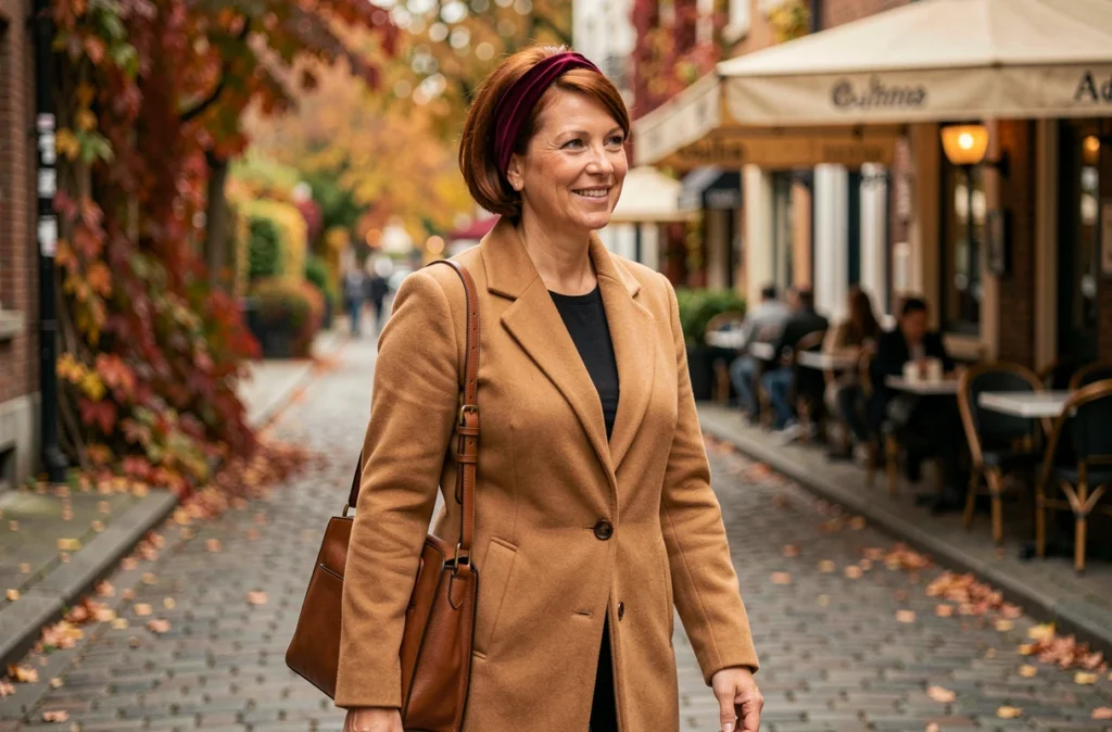 Femme portant un serre-tête en velours bordeaux dans une rue pavée en automne