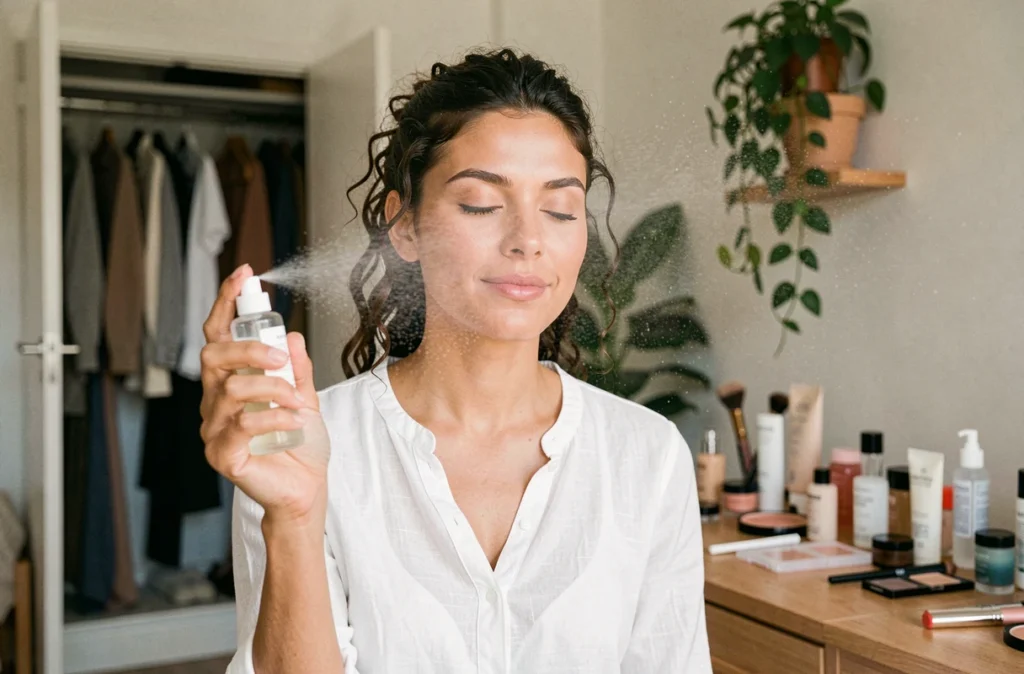 Jeune femme utilisant un spray fixateur de maquillage pour faire durer son fond de teint toute la journée