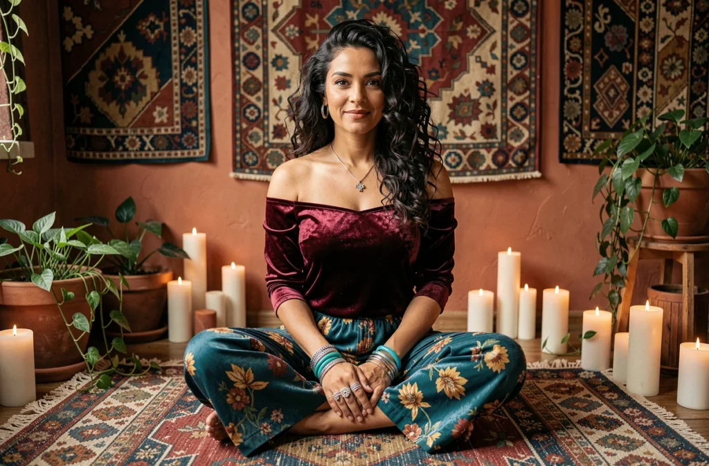 Femme en tenue hippie velours bordeaux avec bijoux turquoise et argent assise sur un tapis kilim dans un intérieur bohème décoré de tapisseries et plantes