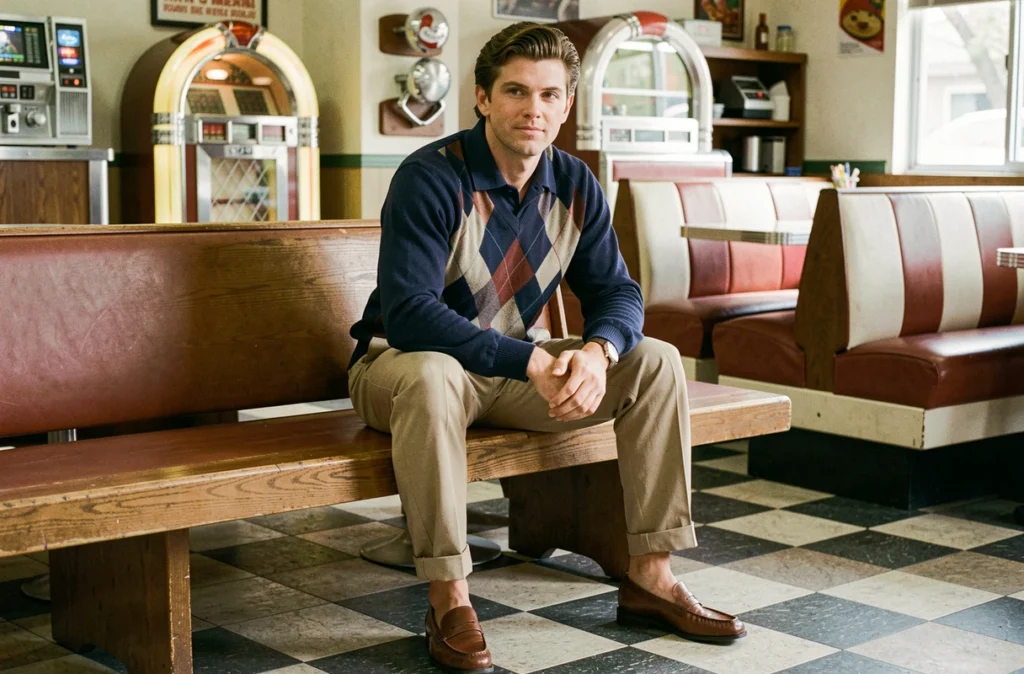 Homme en style preppy années 80 avec pull en losanges et pantalon plissé assis dans un diner rétro américain