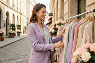 Femme portant un blazer lavande et un chemisier menthe devant une boutique parisienne avec des vêtements pastel