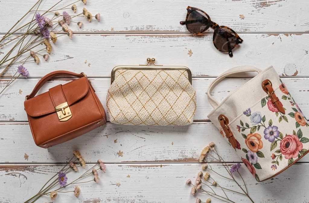 Sélection de sacs à main tendance pour l'été disposés en flat lay sur une table en bois blanc
