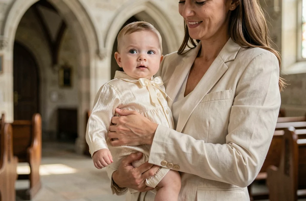 Bébé garçon en tenue de baptême ivoire en soie dupioni tenu dans les bras de sa mère dans une église en pierre