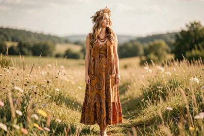 Femme en tenue hippie bohème avec robe maxi à imprimé paisley, gilet à franges en daim et couronne de fleurs séchées dans une prairie sauvage