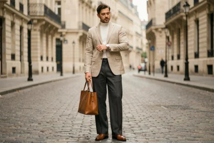 Homme élégant en blazer beige avec montre et sac en cuir, tenue homme tendance 2026 dans une rue parisienne