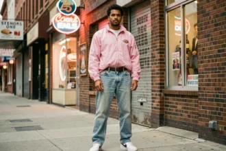 Homme portant une tenue rétro années 80 avec veste coupe-vent pastel et jean acid-wash dans une rue vintage