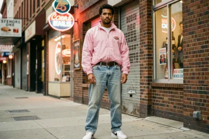 Homme portant une tenue rétro années 80 avec veste coupe-vent pastel et jean acid-wash dans une rue vintage