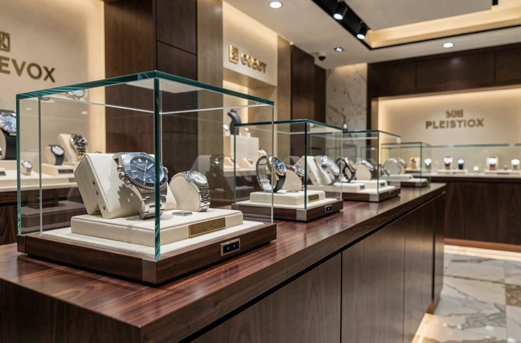 Vitrine sécurisée de montres de luxe ultra-précieuses dans une boutique horlogère suisse haut de gamme avec dispositifs antivol visibles